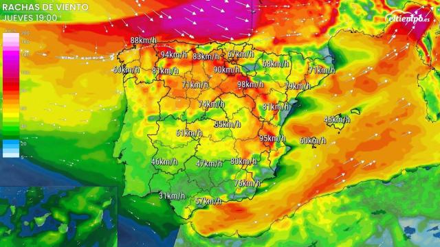 Rachas de viento previstas para la tarde del jueves, con la borrasca Caetano al norte de la península