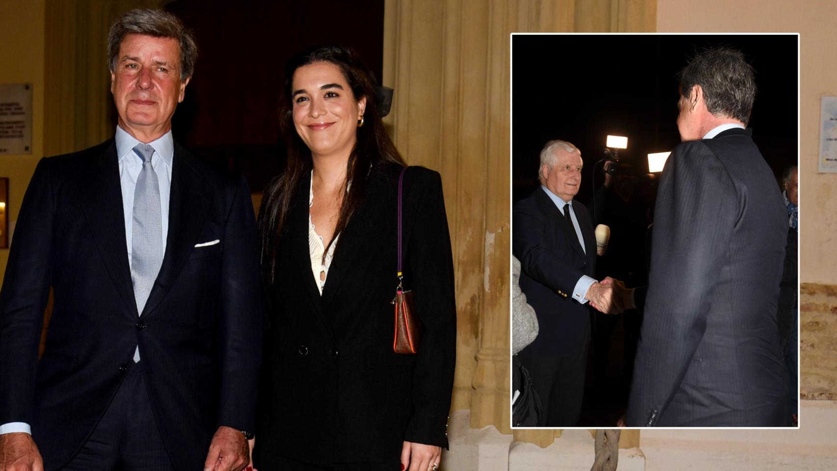 Cayetano Martínez de Irujo junto a su pareja, Bárbara, y el momento en que saluda al actual duque de Alba, en un fotomontaje de EL ESPAÑOL.