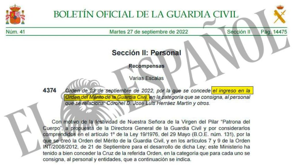 Publicación del Boletín Oficial de la Guardia Civil con la condecoración concedida a Aldama.