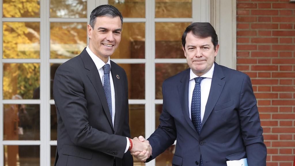 El presidente del Gobierno, Pedro Sánchez, durante su reunión de este viernes con el presidente de la Junta, Alfonso Fernández Mañueco