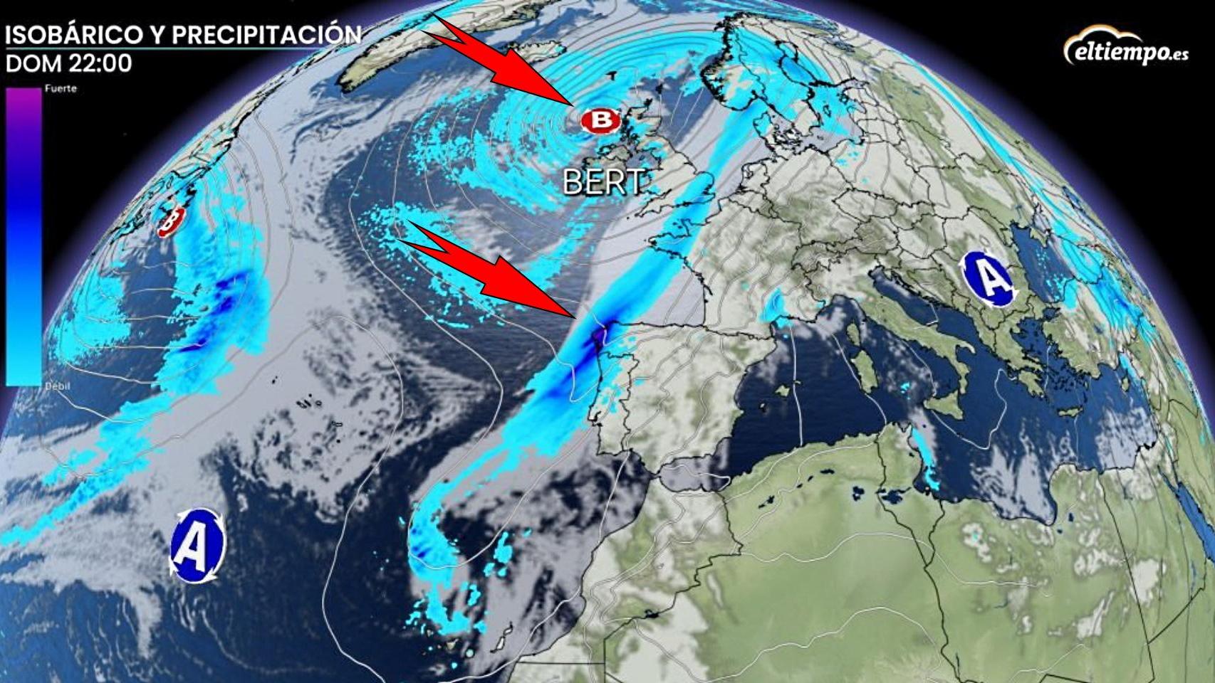Los frentes asociados a la borrasca Bert alcanzarán a España. ElTiempo.es.