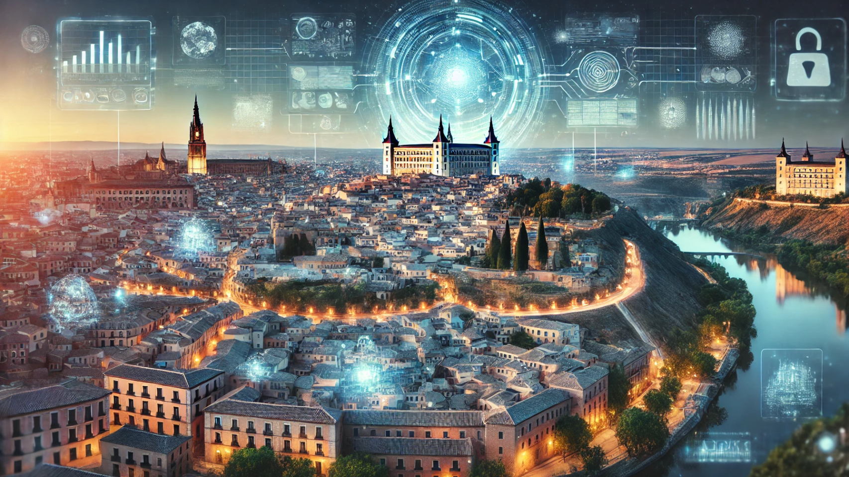 Imagen futurista de la ciudad de Toledo generada mediante inteligencia artificial.