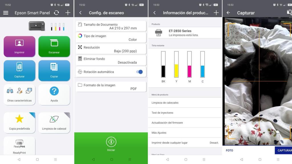 Pantallazos de la app Epson Smart Panel