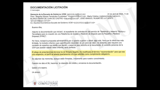 Correo de la Universidad Complutense cuya incorporación a las diligencias ha pedido Begoña Gómez, esposa del presidente del Gobierno.