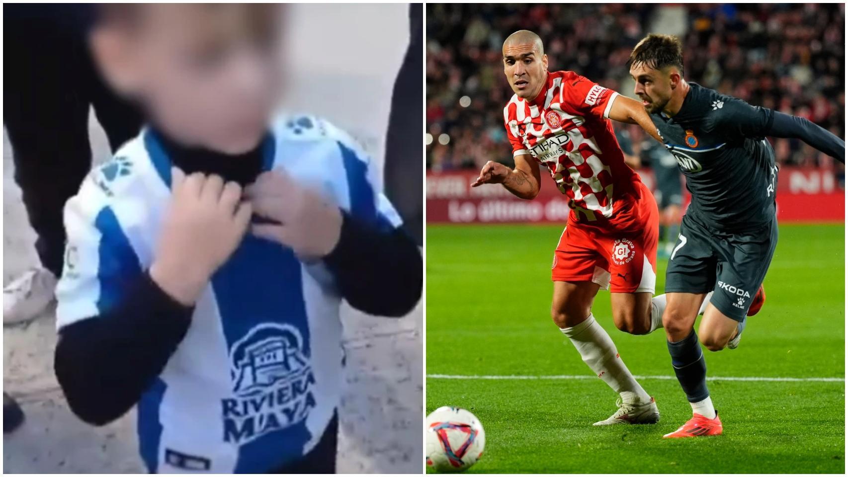 El niño al que obligaron a quitarse su camiseta del Espanyol y una imagen del partido