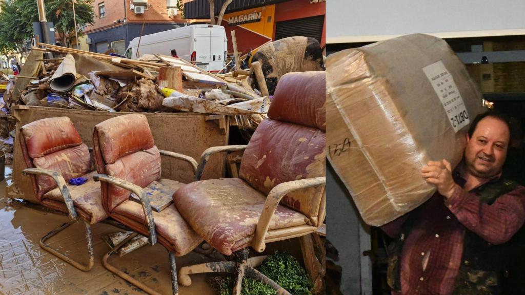 El empresario Toni Milla saca a la calle los restos de uno de sus negocios destrozados por la DANA en Alfafar.