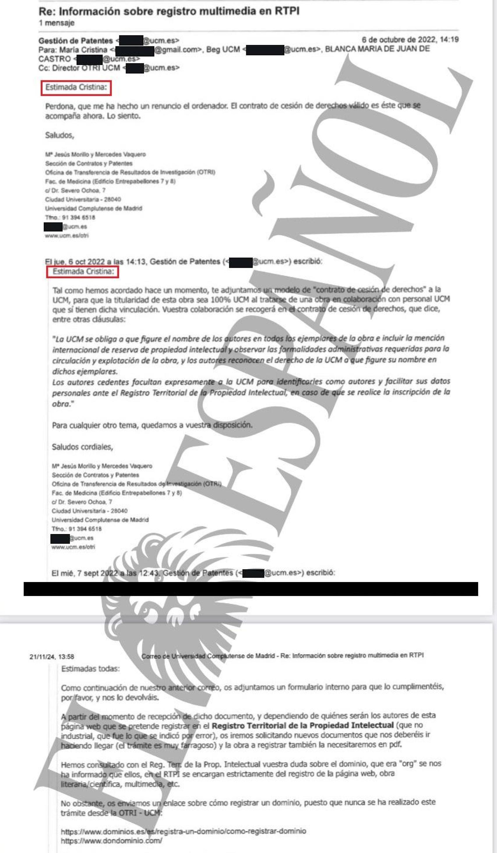 Varios correos aportados por Gómez al juez. En ellos, la UCM se dirige a la directora de Programas de Presidencia: Estimada Cristina.