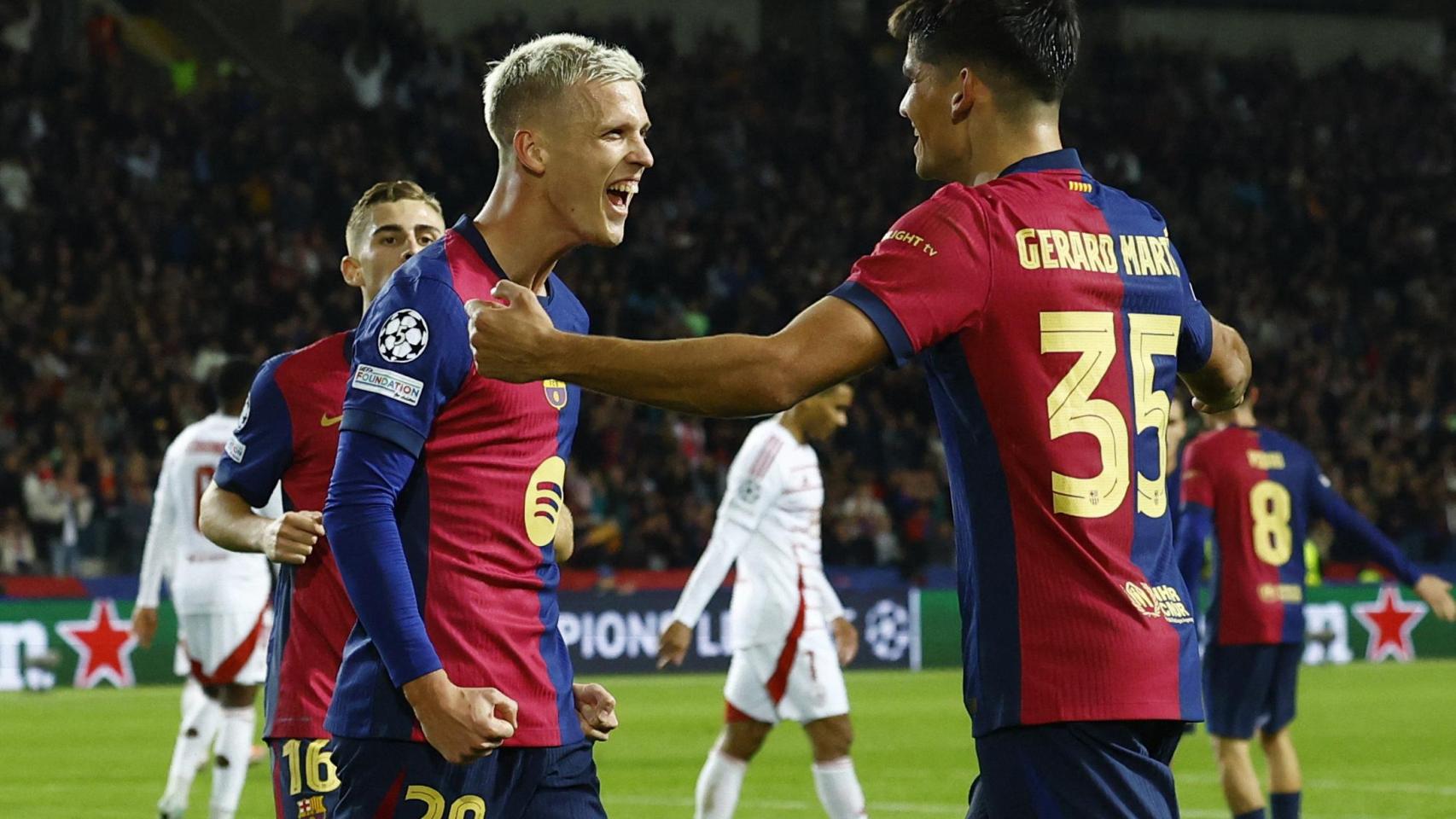 Dani Olmo celebra su gol ante el Brest.