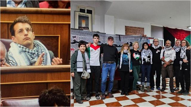 Javier Pueyo, ayer en el Congreso, y los activistas en huelga de hambre en la Casa Palestina de Aragón,