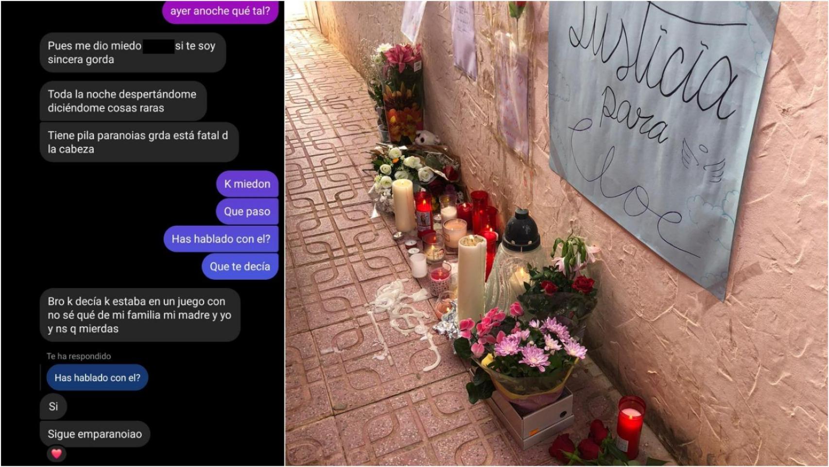 Una conversación de Cloe con una amiga, semanas antes de que 'El Rayo' le cortara el cuello. Al lado, el altar improvisado que las amigas de la víctima han montado en el callejón de Orihuela Costa donde fue apuñalada.