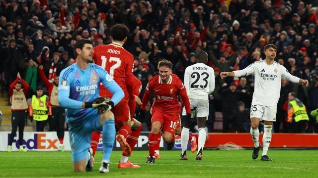 Mac Allister celebra su gol con el Liverpool contra el Real Madrid