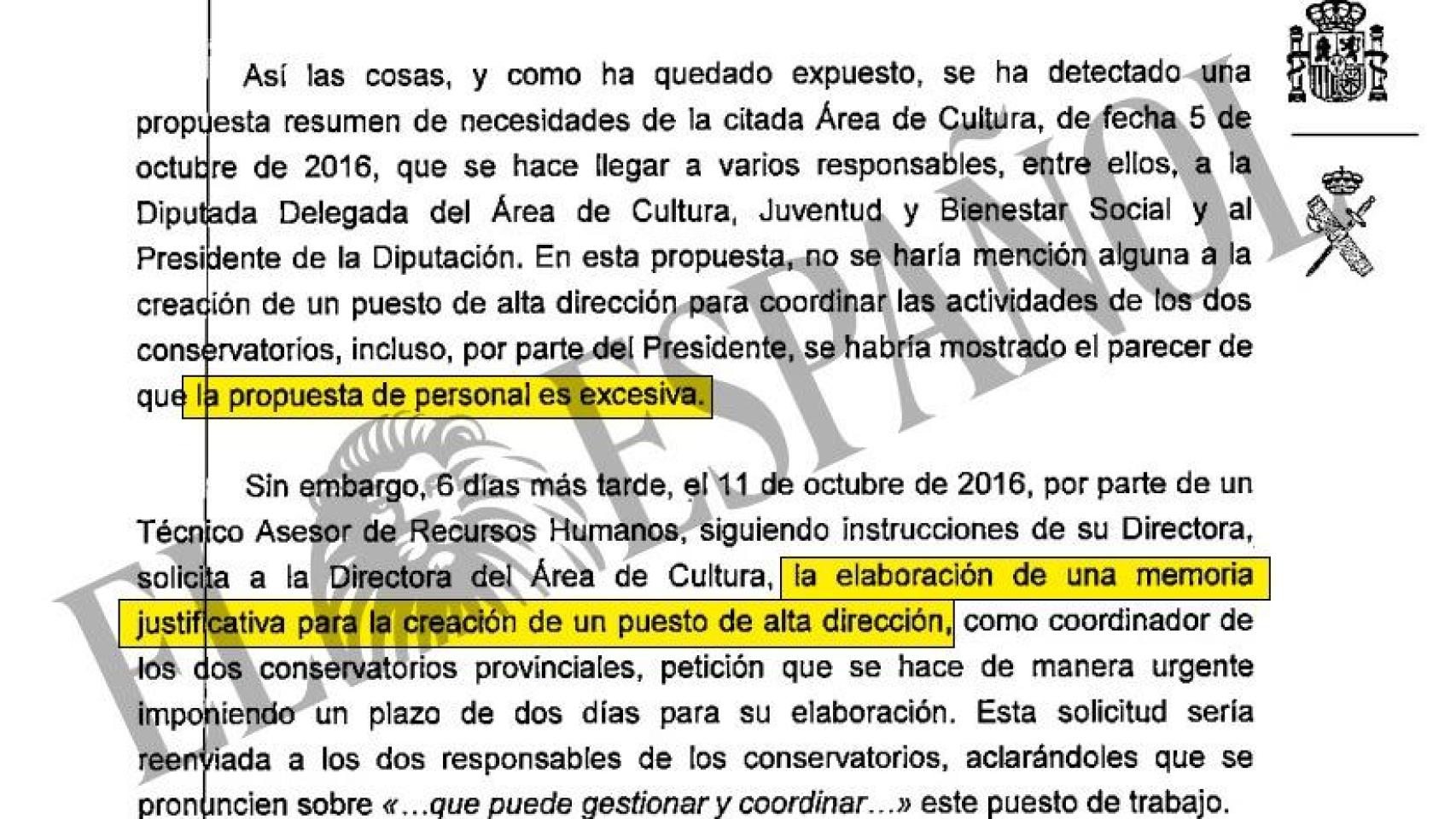 Fragmento de un informe de la UCO sobre la contratación del hermano de Sánchez por la Diputación de Badajoz.