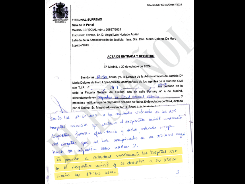 Acta del registro en la Fiscalía General./