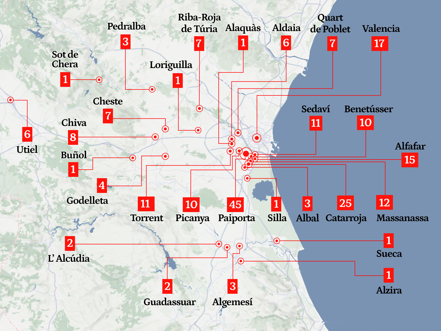 Mapa de las 221 víctimas mortales identificadas de la terrible DANA que inundó 70 municipios hace un mes.