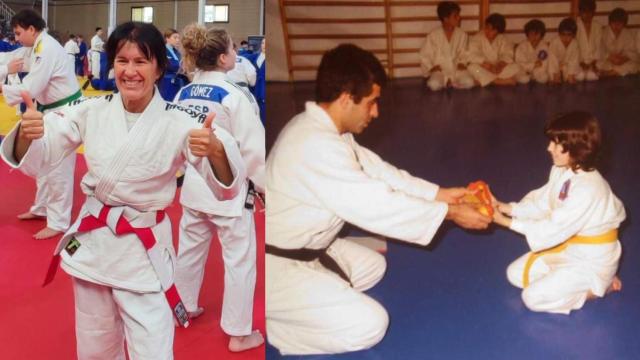 La judoka Blanca Area con el cinturón 6º Dan, y a la derecha, una imagen de niña con su maestro consiguiendo un nuevo cinturón.