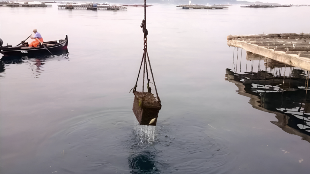 Jaula de botellas tras seis meses de maduración en el mar