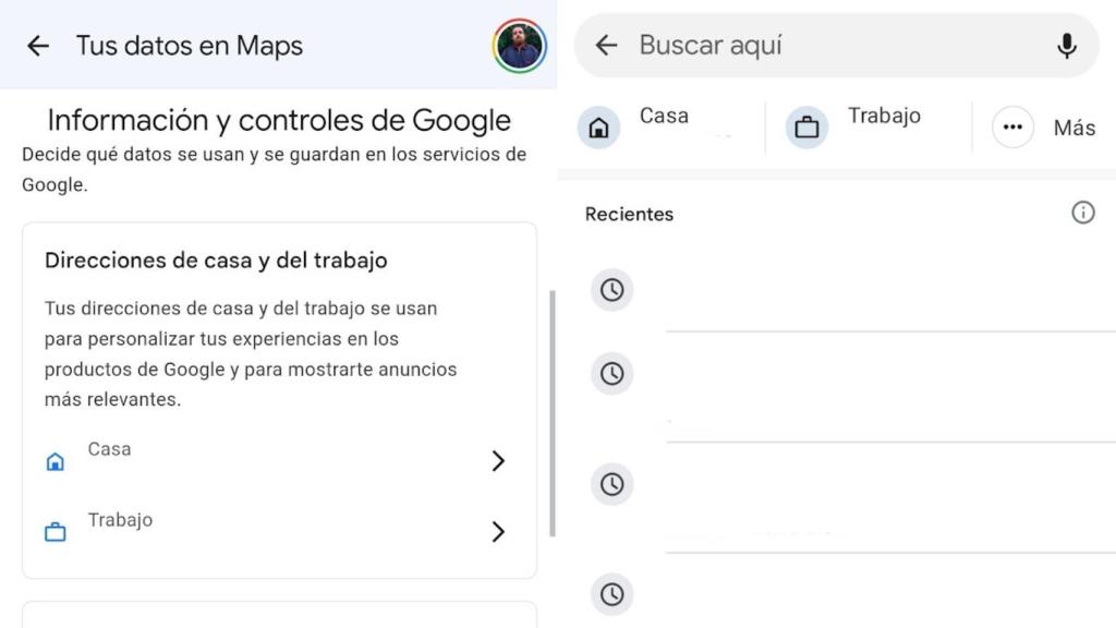 Casa y trabajo en Google Maps