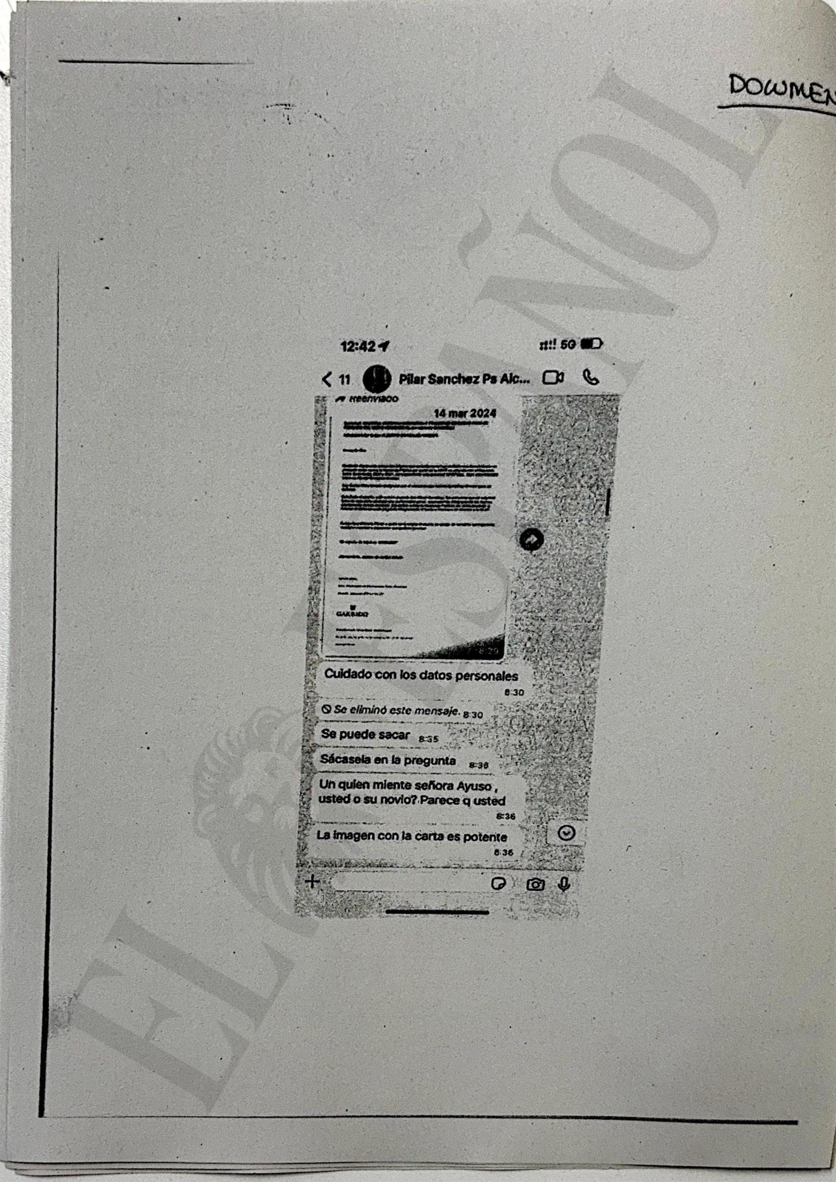 Fragmento del acta notaria que recoge el 'wasap'.