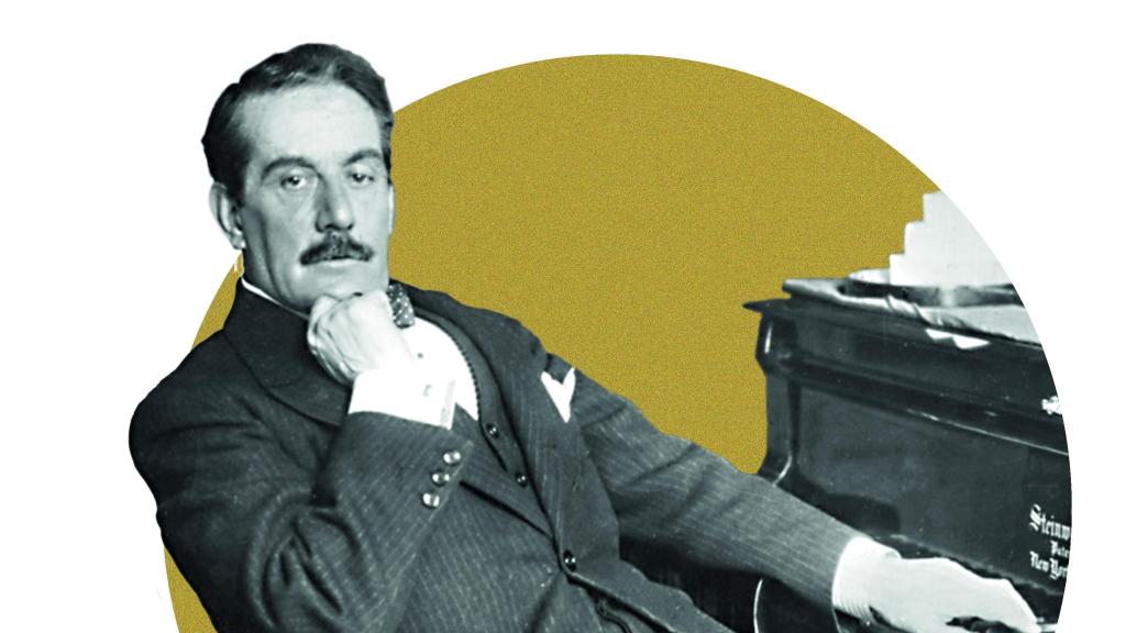 Un montaje con una fotografía de Giacomo Puccini.