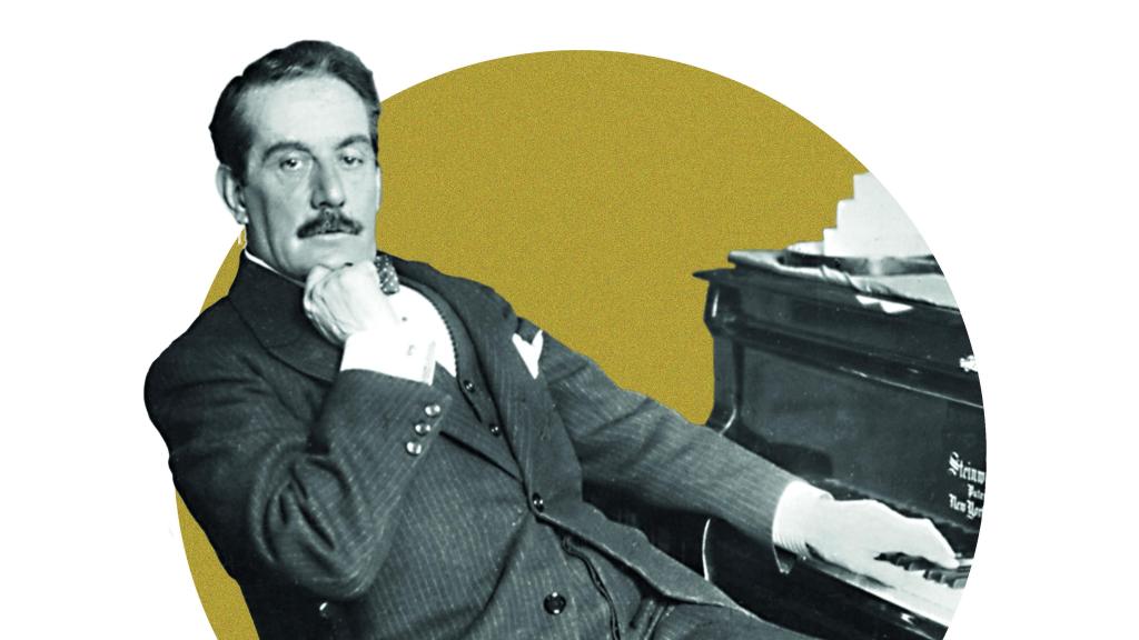 Un montaje con una fotografía de Giacomo Puccini.