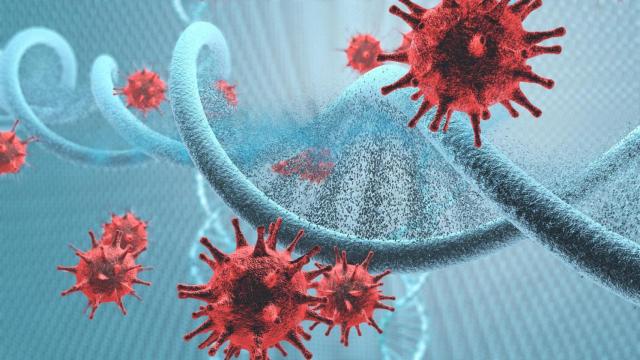 Imagen 3D de las células de un virus atacando la hebra del ADN.