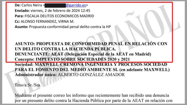 Correo original del abogado del novio de Ayuso. El recuadro rojo indica la parte cortada./