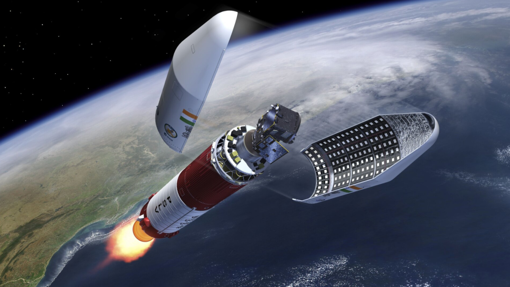 Representación del viaje de los satélites integrados en la cofia del PSLV