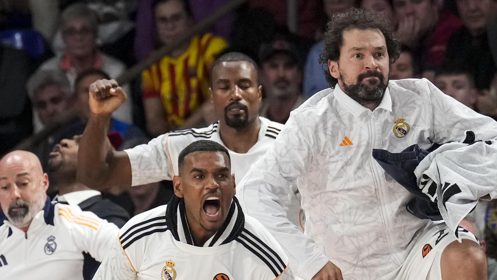 Los jugadores del Real Madrid de baloncesto celebran en el banquillo