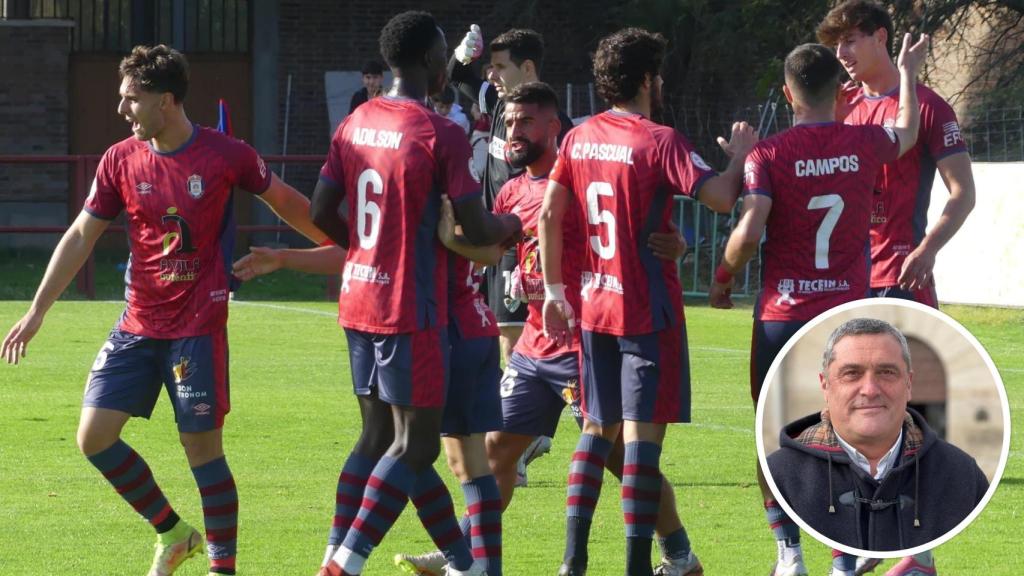 Los jugadores del Real Ávila celebran un tanto esta temporada (@RealAvilaCF -X, antes Twitter-) y, en detalle, el presidente del club, Pedro Pascual