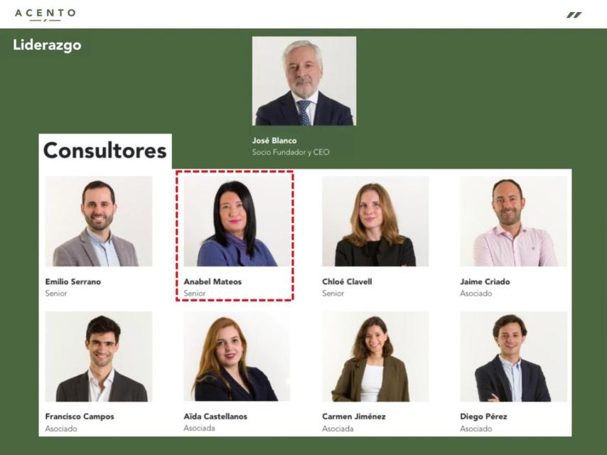 Anabel Mateos en la web de Acento antes de que el lobby borrara su foto y su nombre tras desvelar EL ESPAÑOL las reuniones de José Blanco con Koldo García.