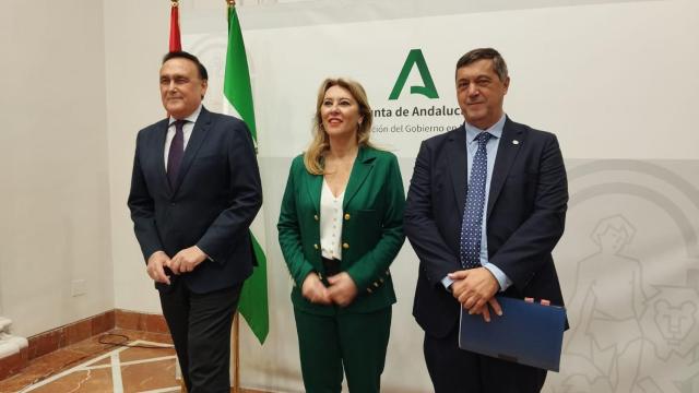 Carolina España, Gómez Villamandos y Teodomiro López en el acto de presentación.