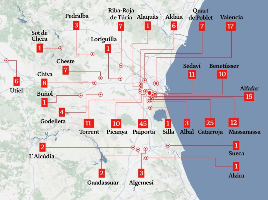 Mapa de las 221 víctimas mortales identificadas de la terrible DANA que inundó 70 municipios hace un mes