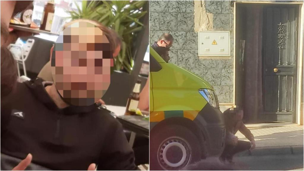 'El Pakillo', en la terraza de un bar, junto a una imagen de Bea, sentada al lado de una ambulancia, el pasado jueves, cuando su pareja mató a uno de sus hijos en la la calle Áurea Galindo de Linares.