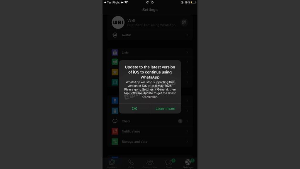 El mensaje de WhatsApp sobre la finalización del soporte en iOS.