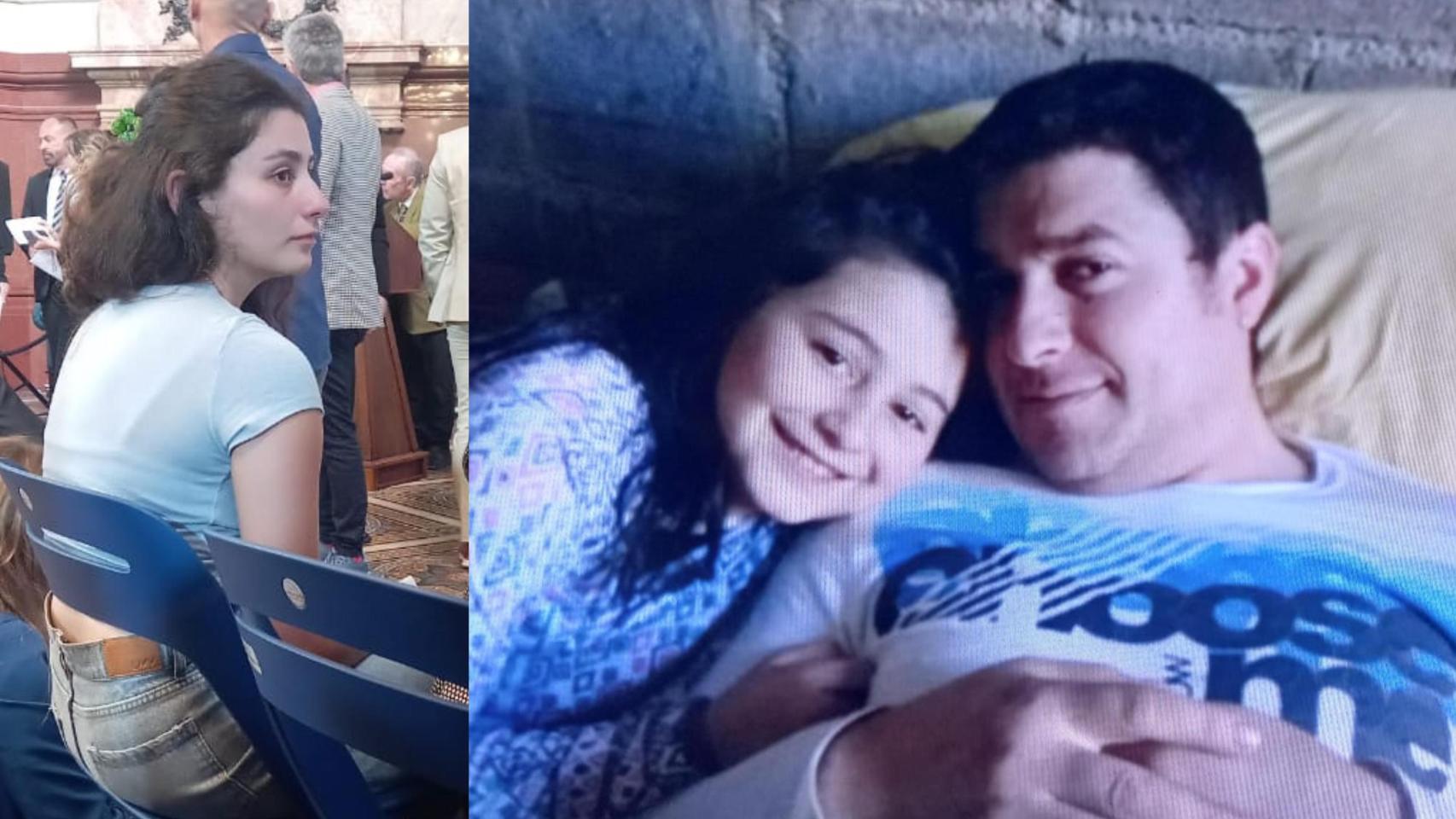 En la izquierda, imagen de Jazmín en la actualidad, con 19 años. En la derecha, la joven sonríe junto a su padre Julio, quien ahora cumple una condena de 15 años tras una denuncia de abuso.