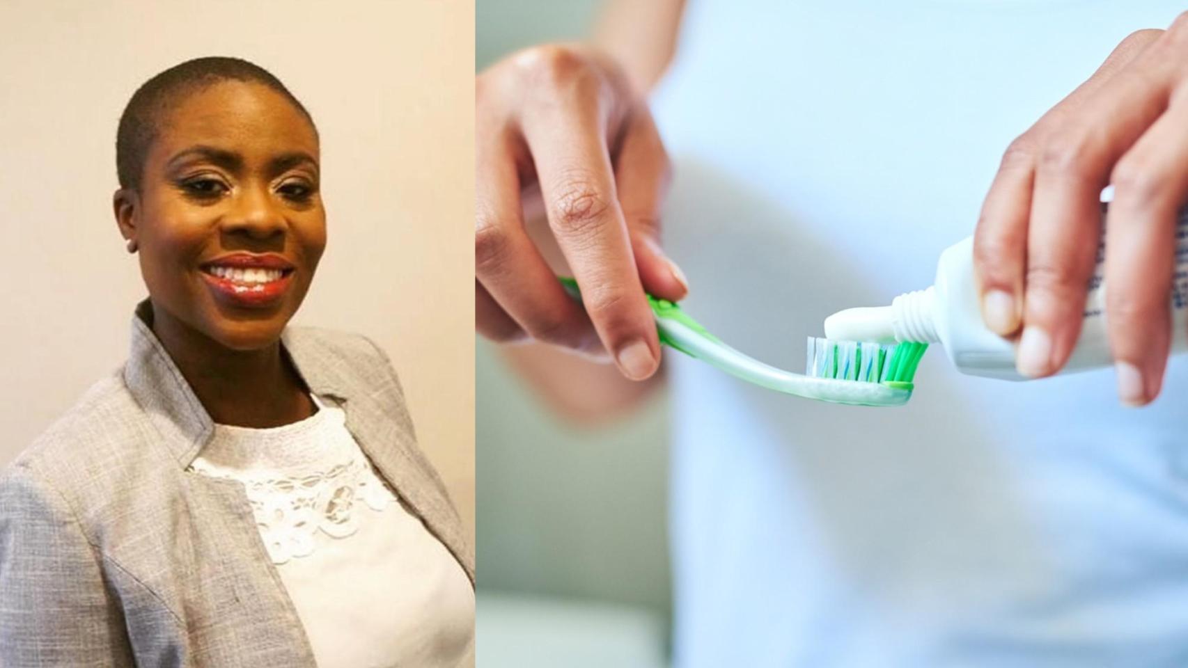 La doctora y dentista Tricia Quartey y cepillo con pasta de dientes.