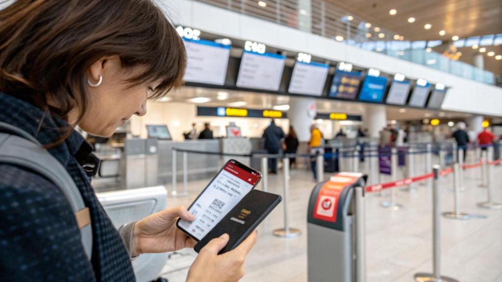 A person with a mobile phone and passport passing a checkpoint at an airport