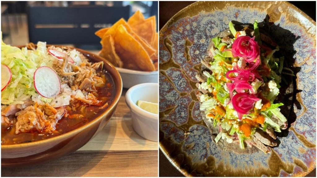 El Pozole rojo típico de Jalisco (derecha) y el Huarache típico de Ciudad de México Capital (izquierda)