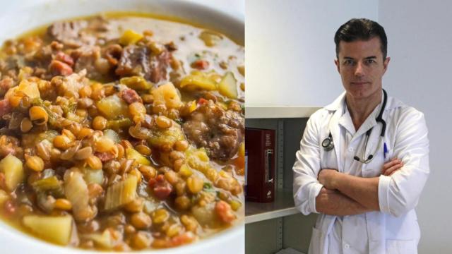 El doctor Manuel Visco junto a un plato de lentejas.