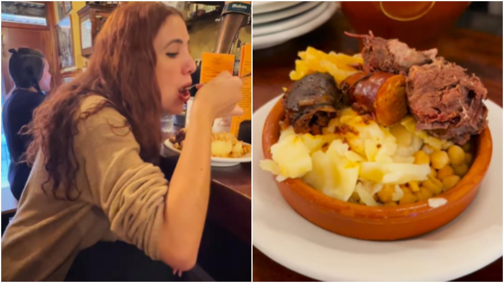 La influencer gastronómica Laura comiéndose el cocido de Malacatín.