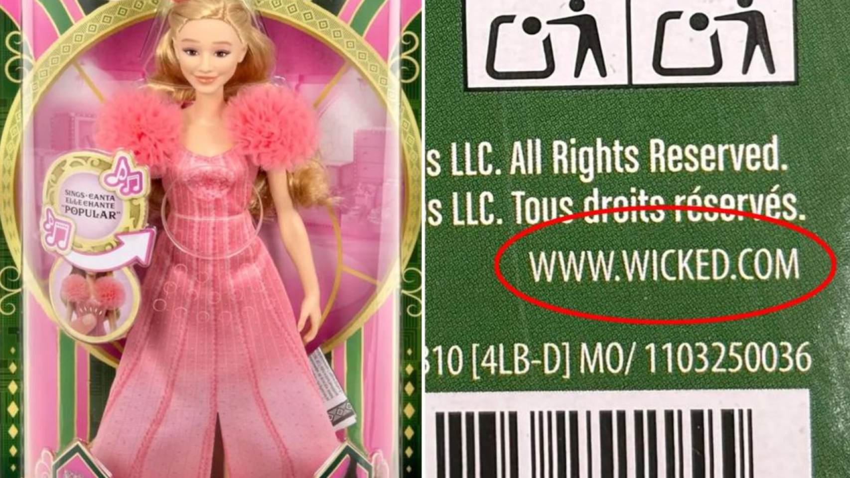 Muñeca de Mattel de la película 'Wicked' con un enlace a una web porno en su caja.