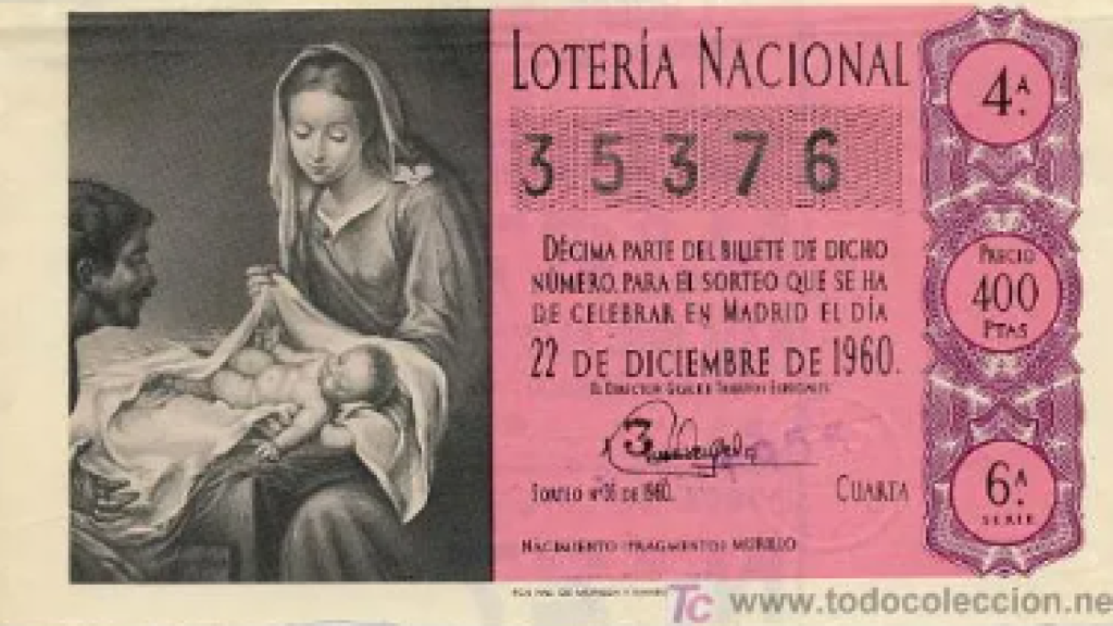 Décimo de Lotería de Navidad de 1960 con la imagen impresa de una obra de Murillo