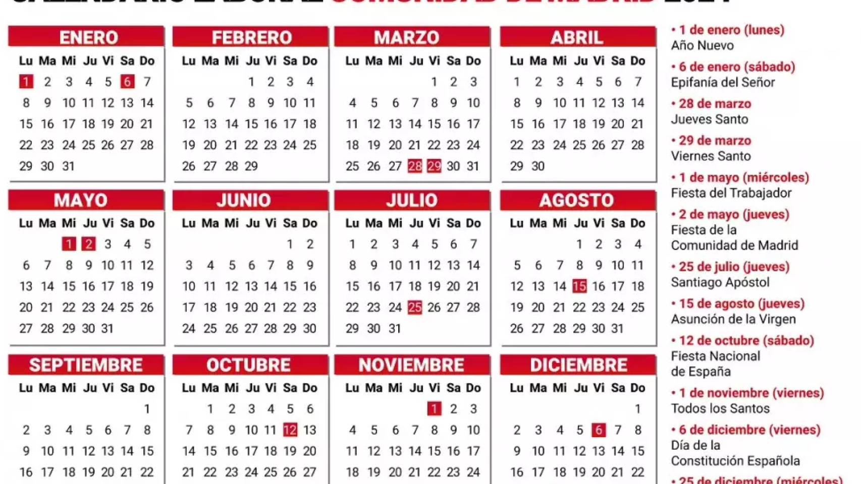 Calendario laboral de Madrid 2024.