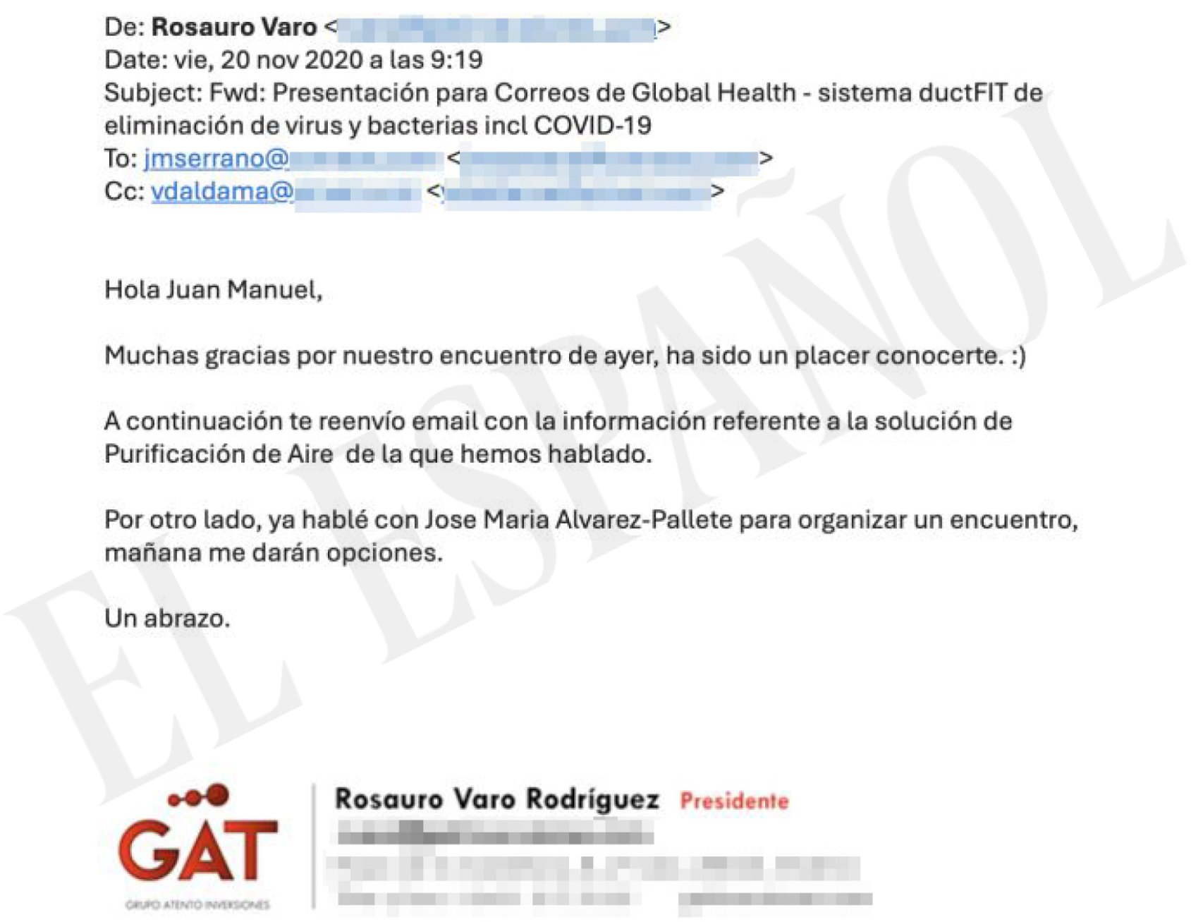 Copia del correo electrónico entregado por Víctor de Aldama en su escrito al Tribunal Supremo.