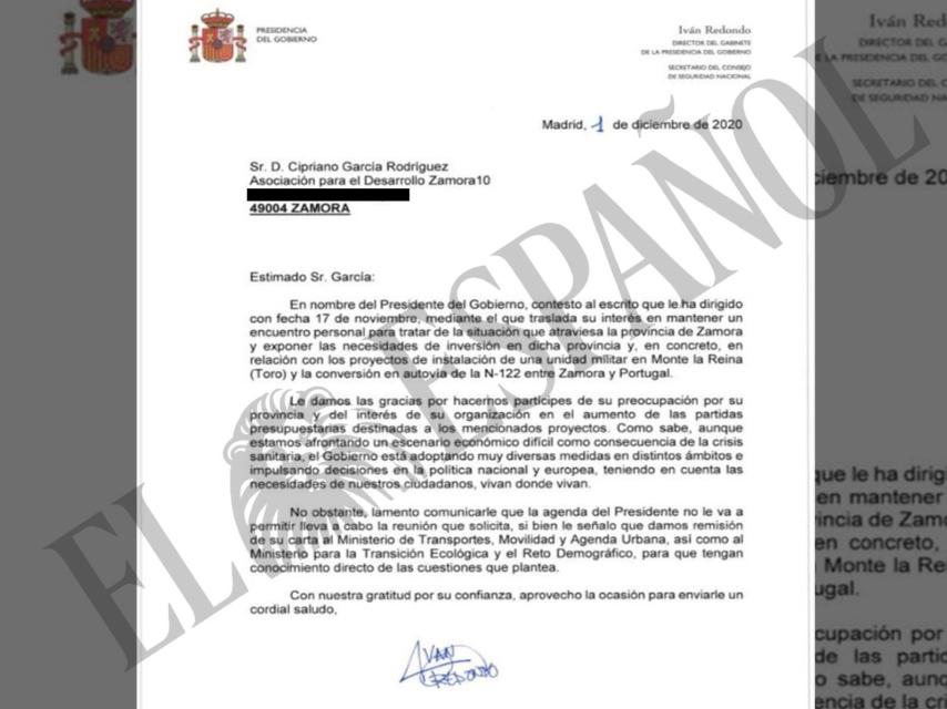 La carta firmada por Iván Redondo y aportada por Aldama al Supremo.