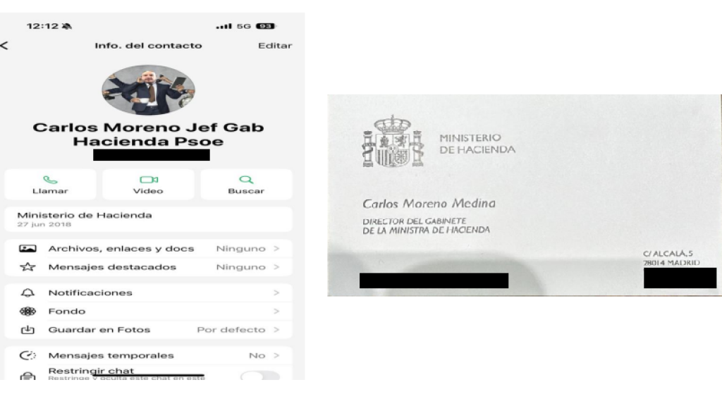 Captura de pantalla del perfil de WhatsApp del jefe de gabinete de la ministra de Hacienda y su tarjeta oficial de visita, aportados por Aldama al Supremo.