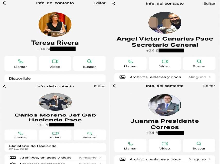 Pantallazos de los perfiles de WhatsApp de la exministra Ribera, el ministro Torres, el jefe de gabinete de María Jesús Montero y el exjefe de gabinete de Sánchez, aportados por Aldama al Supremo.