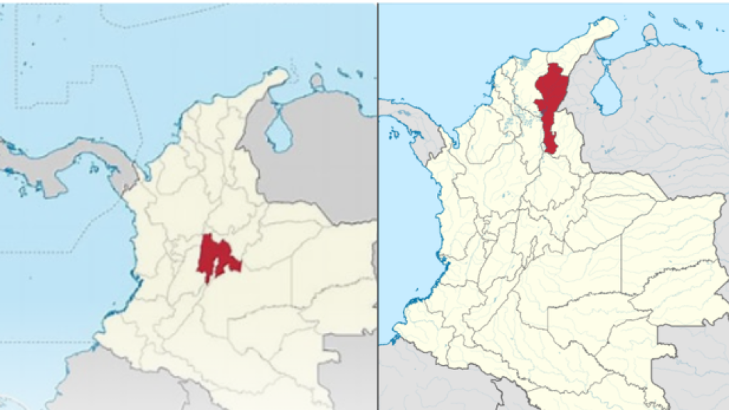 Mapa de Colombia Señalando Cundinamarca (izquierda) y Cesar (derecha)