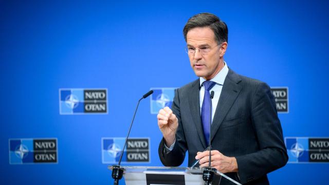 El secretario general de la OTAN, Mark Rutte, durante la rueda de prensa de este miércoles en Bruselas