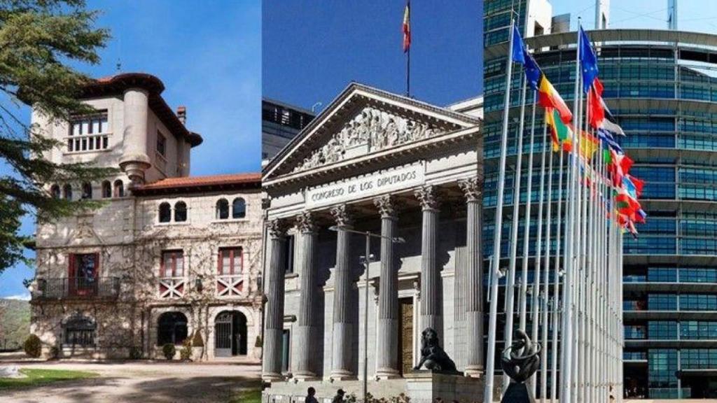 Imagen de la Universidad Nebrija, el Congreso de los Diputados y el Parlamento Europeo.